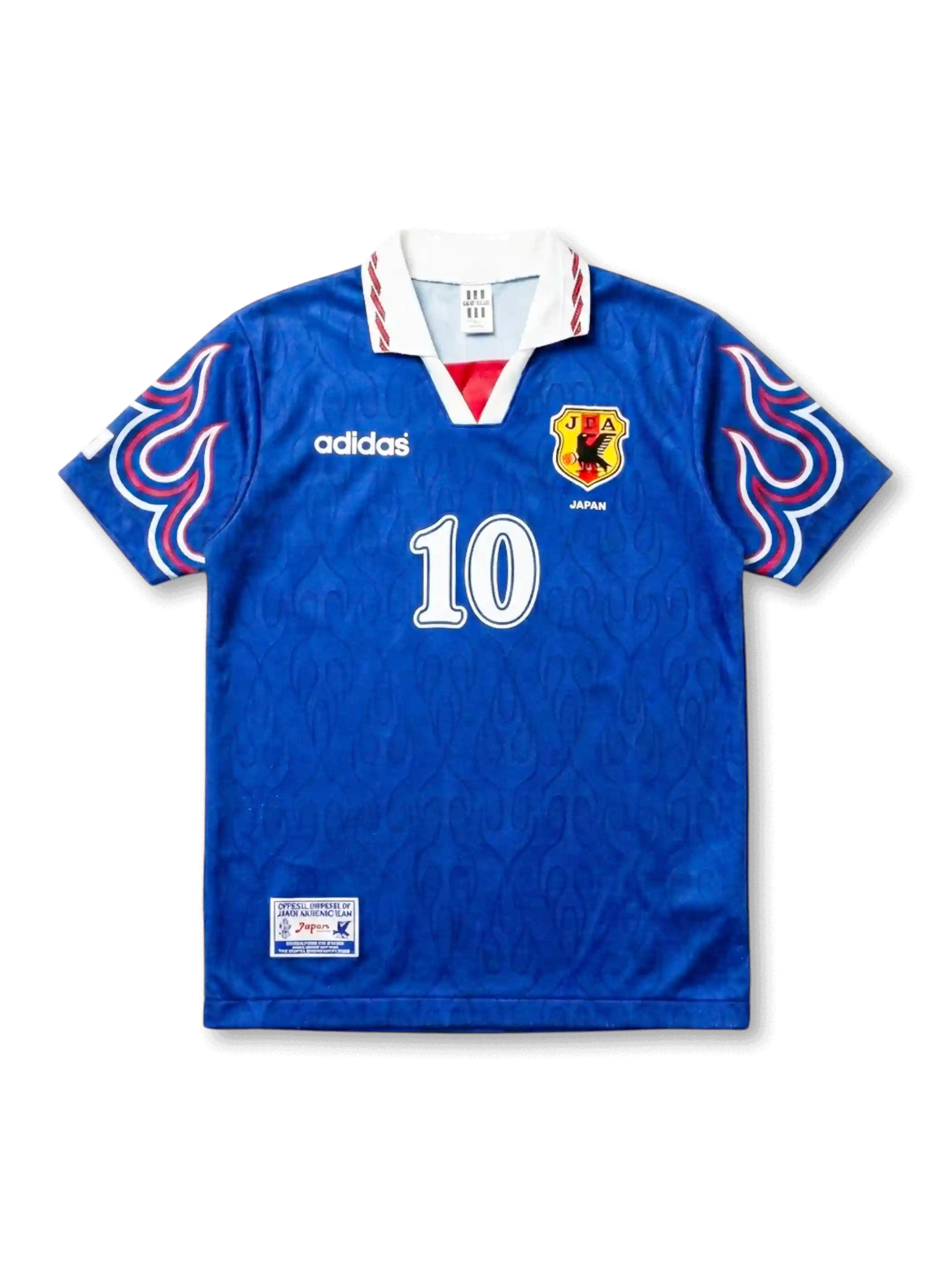 Front view of Japan 1997-98 home shirt with blue body, flame sleeve graphics, JFA crest, and #10 front number.