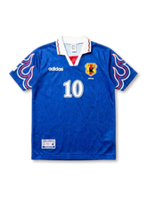 Front view of Japan 1997-98 home shirt with blue body, flame sleeve graphics, JFA crest, and #10 front number.