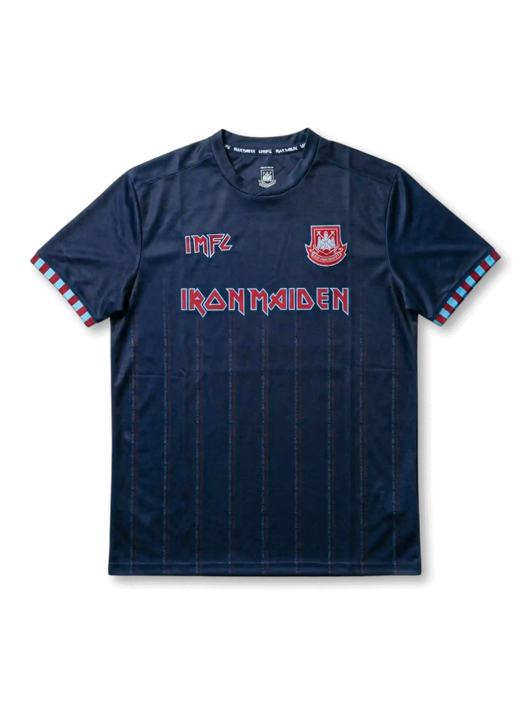 Front view of West Ham United Iron Maiden special edition shirt with dark navy body, club crest, Iron Maiden logo, IMFC detail, and claret-blue sleeve trim.