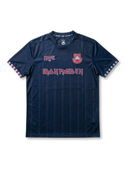 Front view of West Ham United Iron Maiden special edition shirt with dark navy body, club crest, Iron Maiden logo, IMFC detail, and claret-blue sleeve trim.