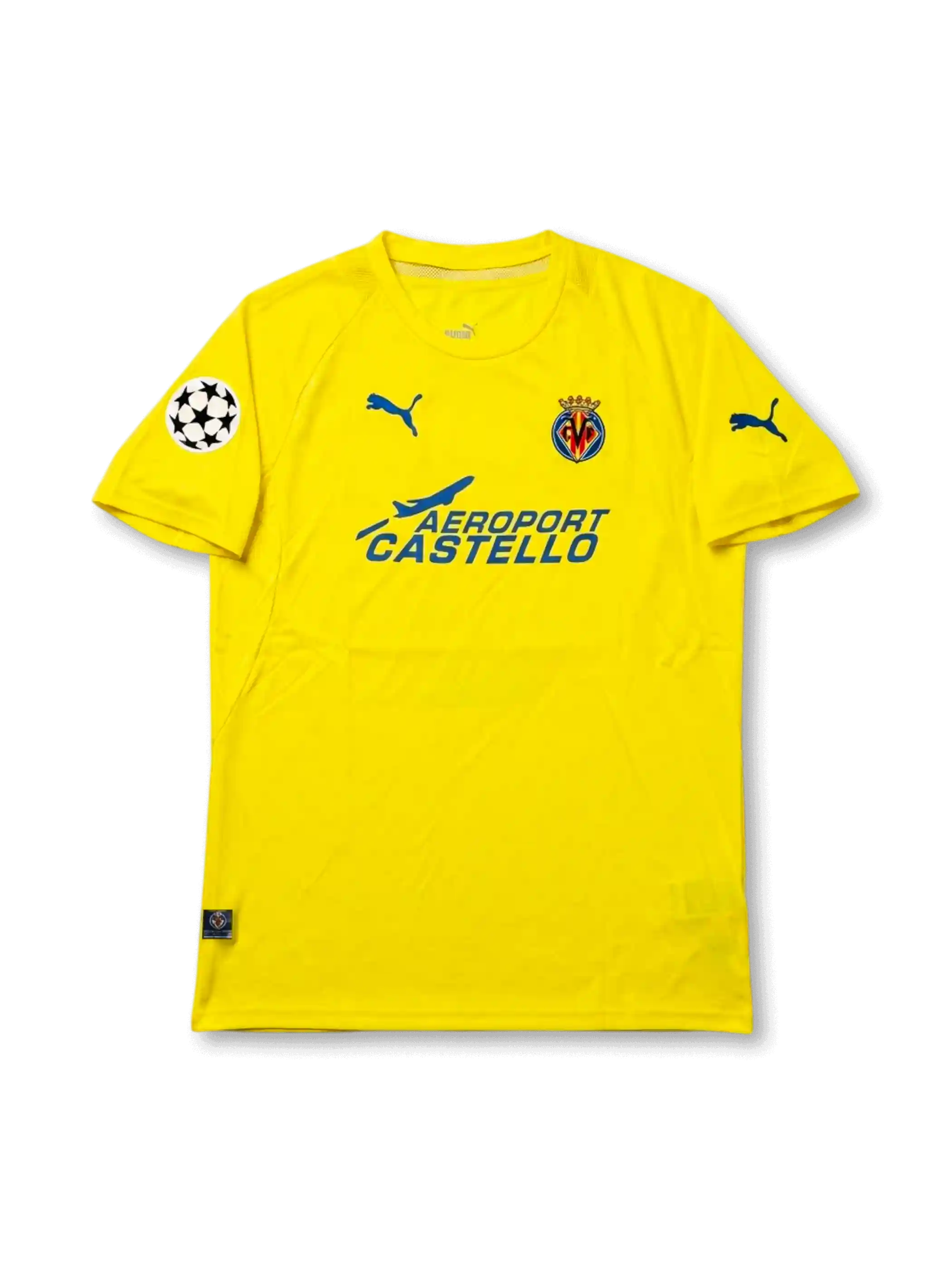 Front view of Villarreal 2005-06 Champions League home shirt with yellow body, club crest, Aeroport Castello sponsor, and UEFA Champions League sleeve patch.