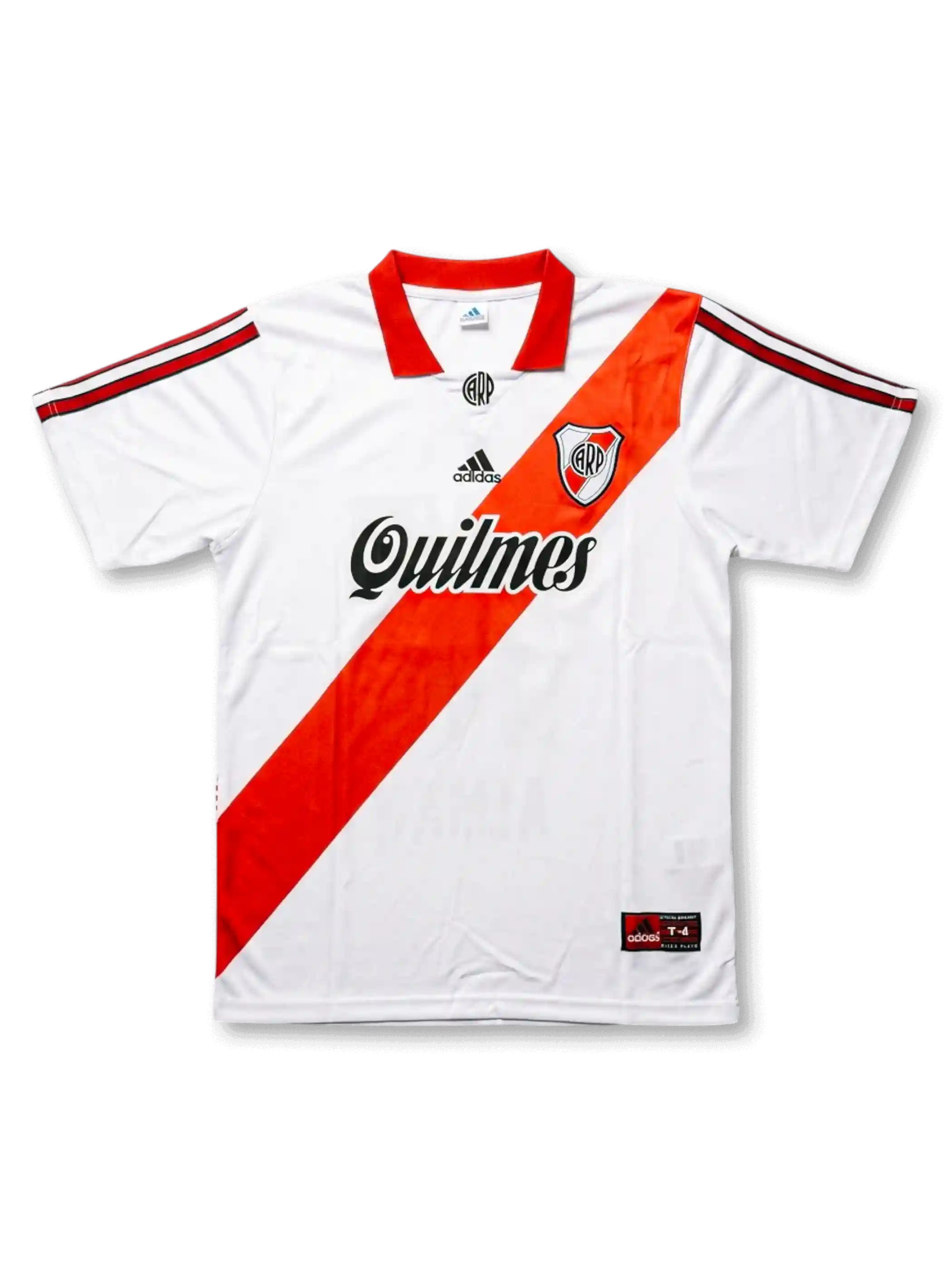 Front view of River Plate late 90s home shirt with white body, red diagonal sash, Quilmes sponsor, club crest, and red collar.