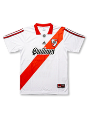 Front view of River Plate late 90s home shirt with white body, red diagonal sash, Quilmes sponsor, club crest, and red collar.