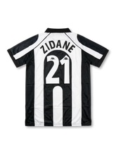 Front view of Juventus 1997-98 Champions League home shirt with black and white stripes, Sony MiniDisc sponsor, Juventus crest, Scudetto shield, and UEFA sleeve patch.