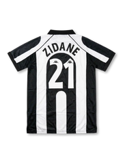 Front view of Juventus 1997-98 Champions League home shirt with black and white stripes, Sony MiniDisc sponsor, Juventus crest, Scudetto shield, and UEFA sleeve patch.