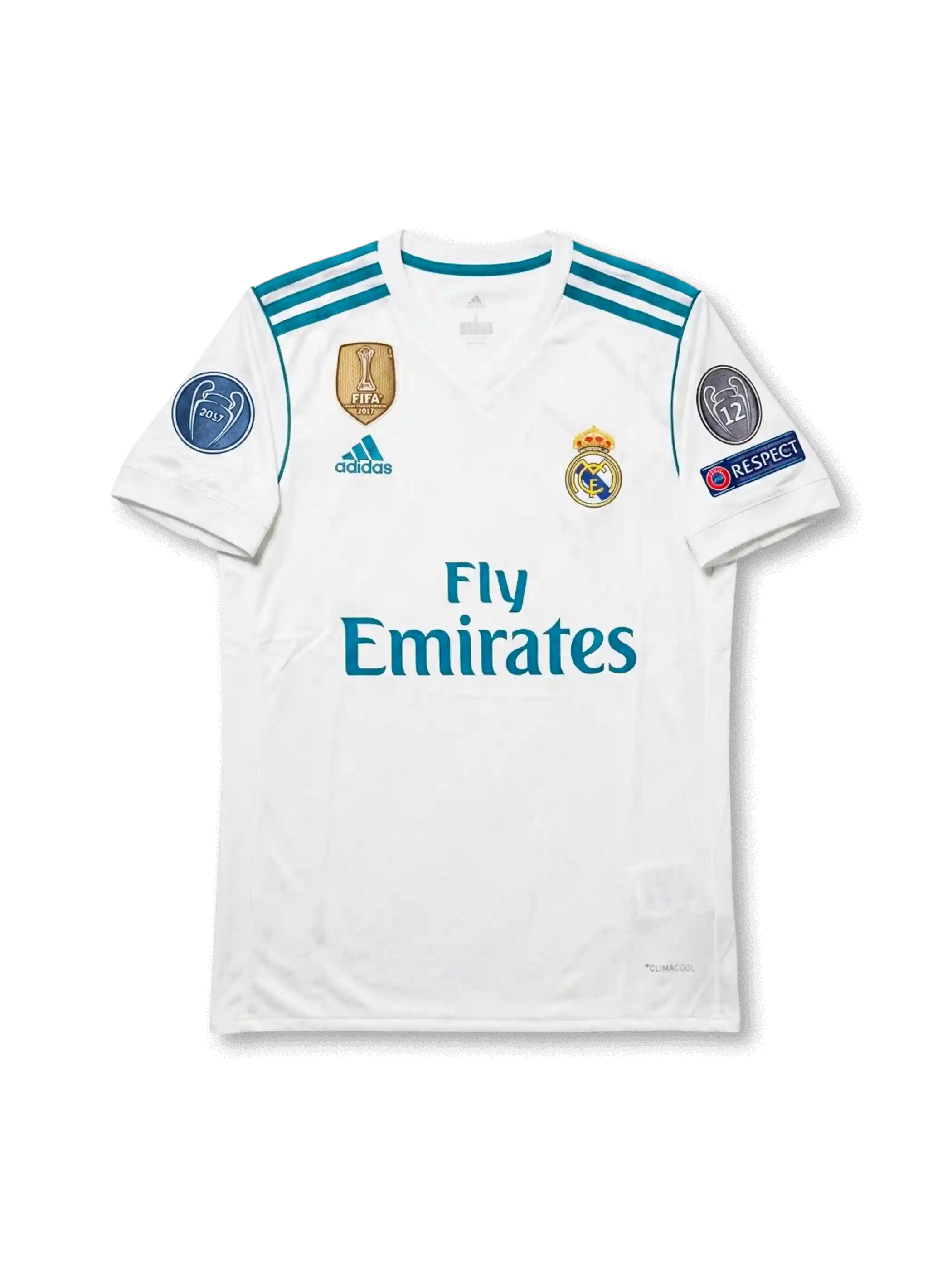 Front view of Real Madrid 2017-18 Champions League home shirt with white body, teal detailing, Fly Emirates sponsor, club crest, and European sleeve patches.