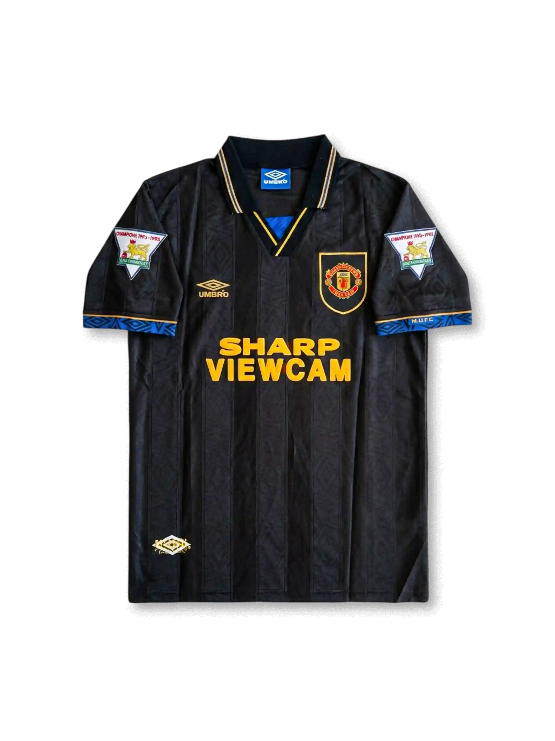 Front view of Manchester United 1993-95 away shirt with black striped body, Sharp Viewcam sponsor, club crest, Umbro logo, and champion sleeve patches.