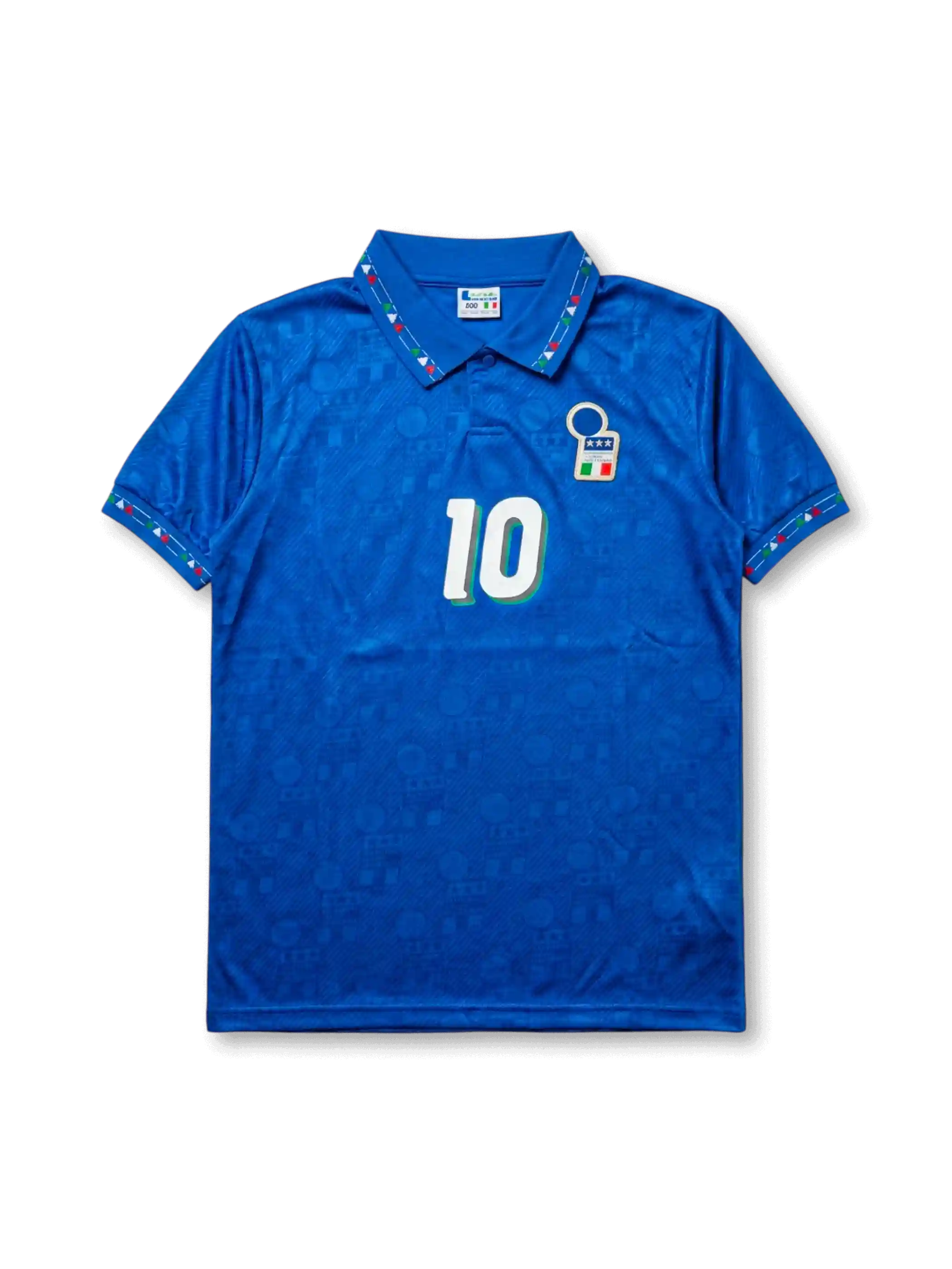 Front view of Italy 1994 World Cup home shirt with blue body, Italy crest, tricolor collar detailing, and #10 front number.