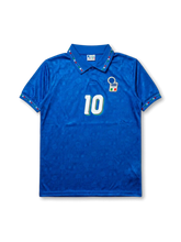 Front view of Italy 1994 World Cup home shirt with blue body, Italy crest, tricolor collar detailing, and #10 front number.