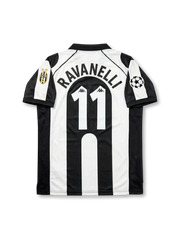 Front view of Juventus 1997-98 Champions League home shirt with black and white stripes, Sony MiniDisc sponsor, Juventus crest, Scudetto shield, and UEFA sleeve patch.