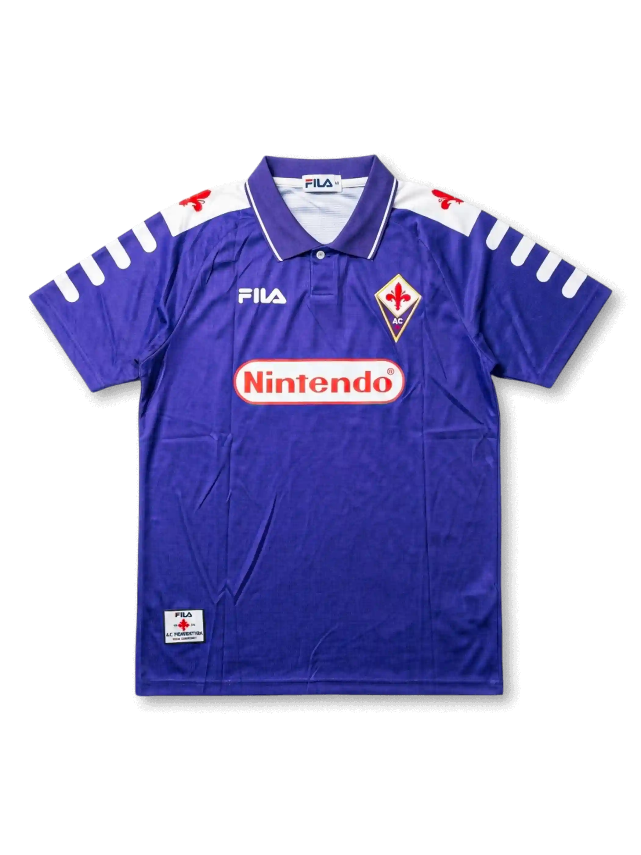 Front view of Fiorentina 1998-99 home shirt with purple body, Nintendo sponsor, Fiorentina crest, Fila logo, and white shoulder detailing.