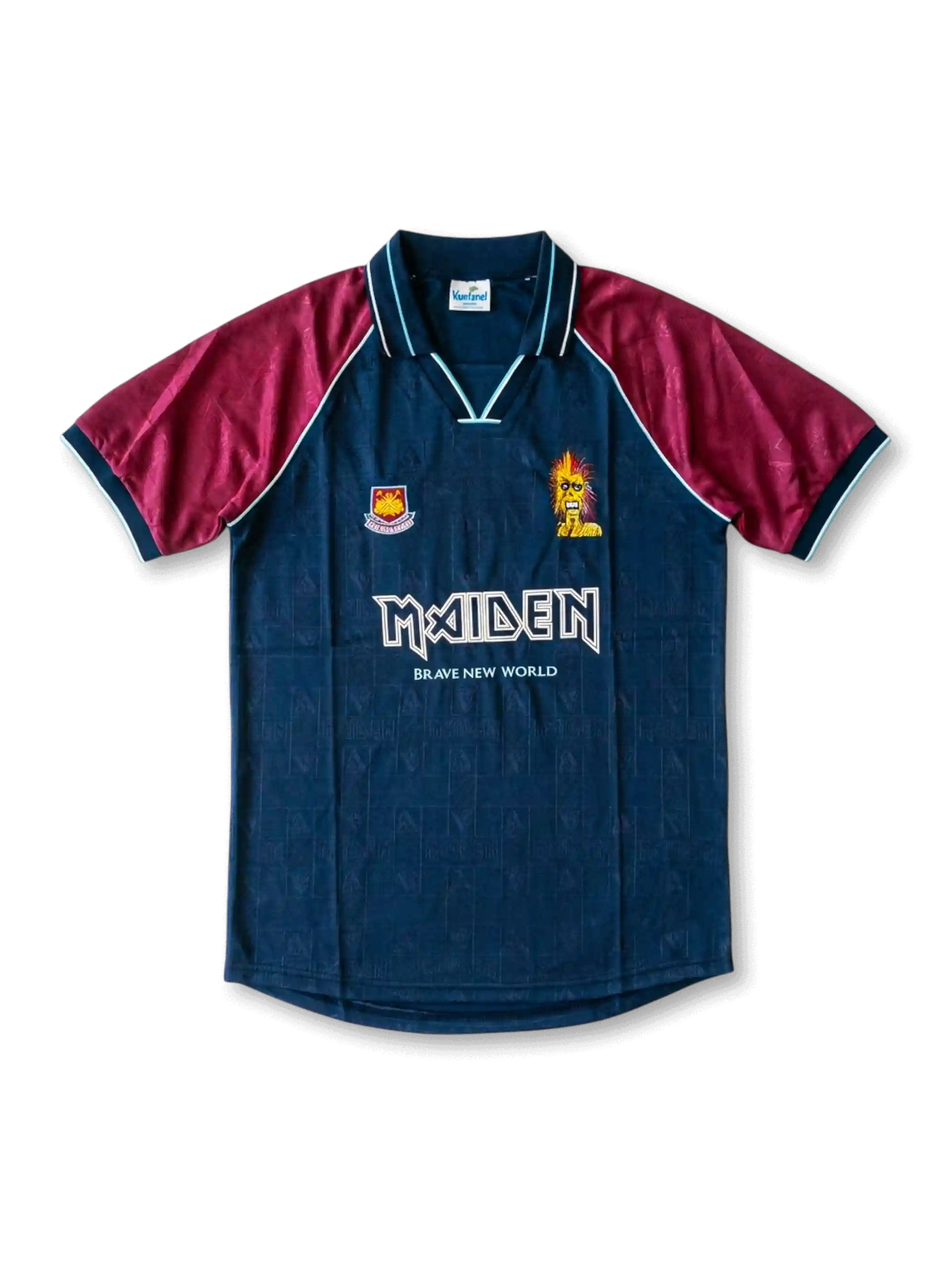 Front view of West Ham United Iron Maiden Brave New World special edition shirt with dark teal body, claret sleeves, Maiden branding, Eddie graphic, and club crest.