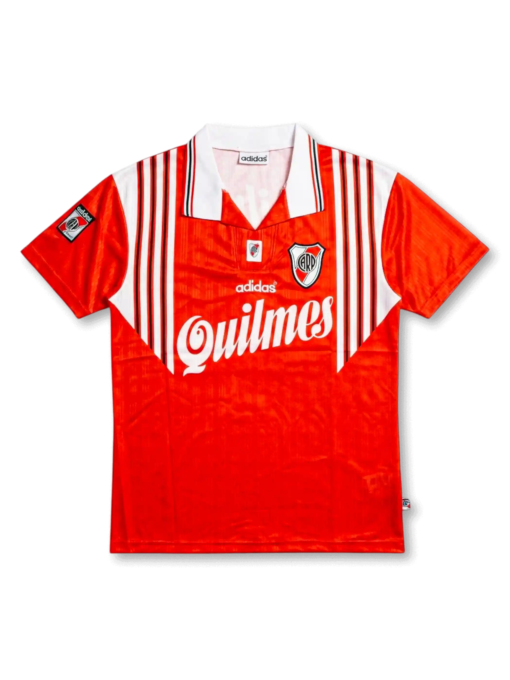 Front view of River Plate 1995-96 away shirt with red body, white shoulder striping, Quilmes sponsor, club crest, and Adidas detailing.