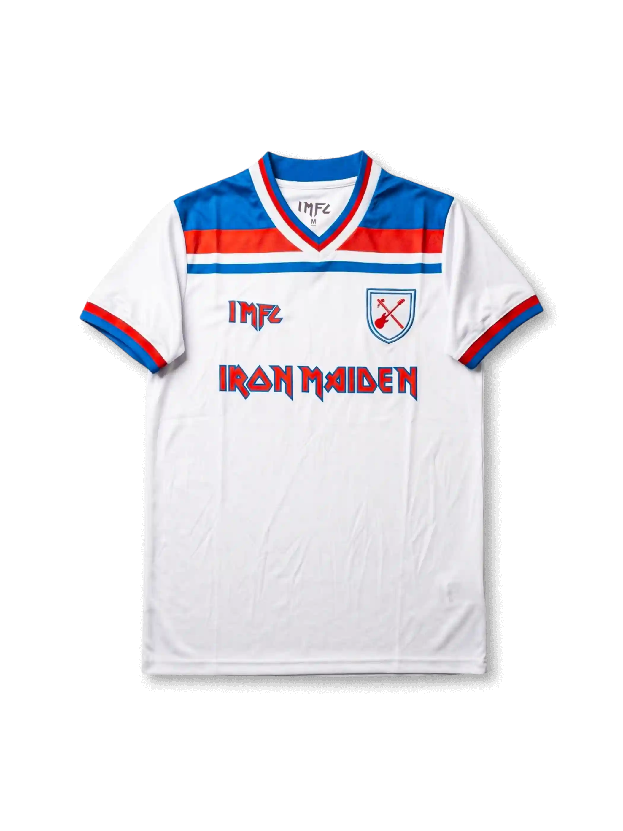 Front view of West Ham United Iron Maiden special edition shirt with white body, claret-blue trim, IMFC detail, Iron Maiden logo, and crossed-hammers crest.