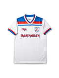 Front view of West Ham United Iron Maiden special edition shirt with white body, claret-blue trim, IMFC detail, Iron Maiden logo, and crossed-hammers crest.