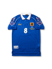 Front view of Japan 1998 World Cup home shirt with blue body, flame sleeve graphics, JFA crest, France 98 chest detail, and #8 front number.