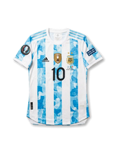 Back view of Argentina 2022 Finalissima home shirt with Messi name print, large #10 number, sky-blue striped body, and tournament sleeve patches.