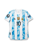 Back view of Argentina 2022 Finalissima home shirt with Messi name print, large #10 number, sky-blue striped body, and tournament sleeve patches.