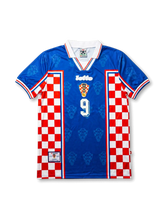 Front view of Croatia 1998 World Cup away shirt with blue body, red and white checkerboard panels, HNS crest, Lotto logo, and #9 front number.