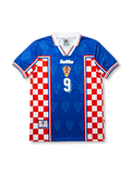 Front view of Croatia 1998 World Cup away shirt with blue body, red and white checkerboard panels, HNS crest, Lotto logo, and #9 front number.