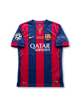 Front view of Barcelona 2015 Champions League Final home shirt with red and blue vertical stripes, Qatar Airways sponsor, club crest, Berlin final match detail, and UEFA sleeve patches.