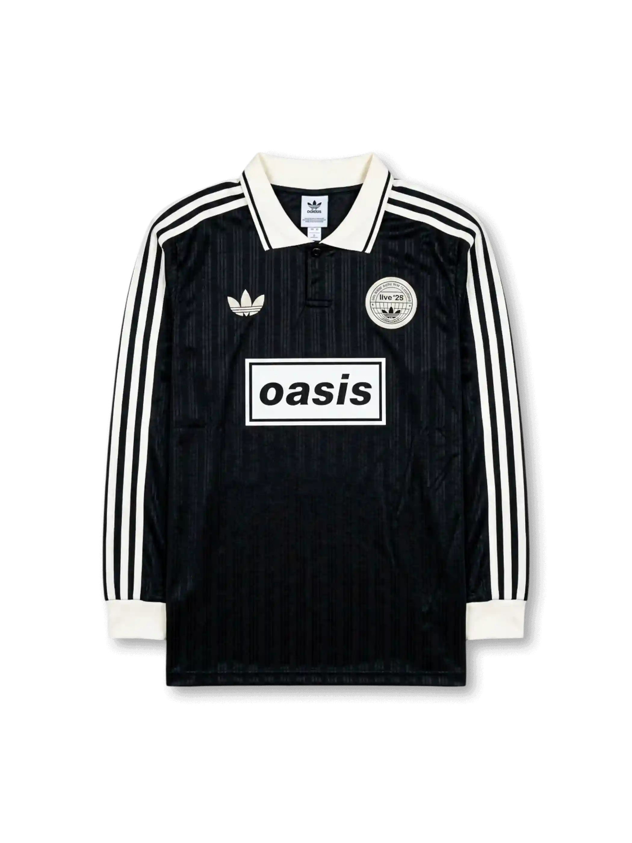Front view of Adidas Originals x Oasis Live ’25 black long sleeve shirt with white collar, trefoil logo, Oasis chest graphic, and circular Live ’25 patch.