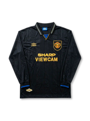 Front view of Manchester United 1994-96 black away shirt with long sleeves, Sharp Viewcam sponsor, club crest, gold detailing, and fold-over collar.
