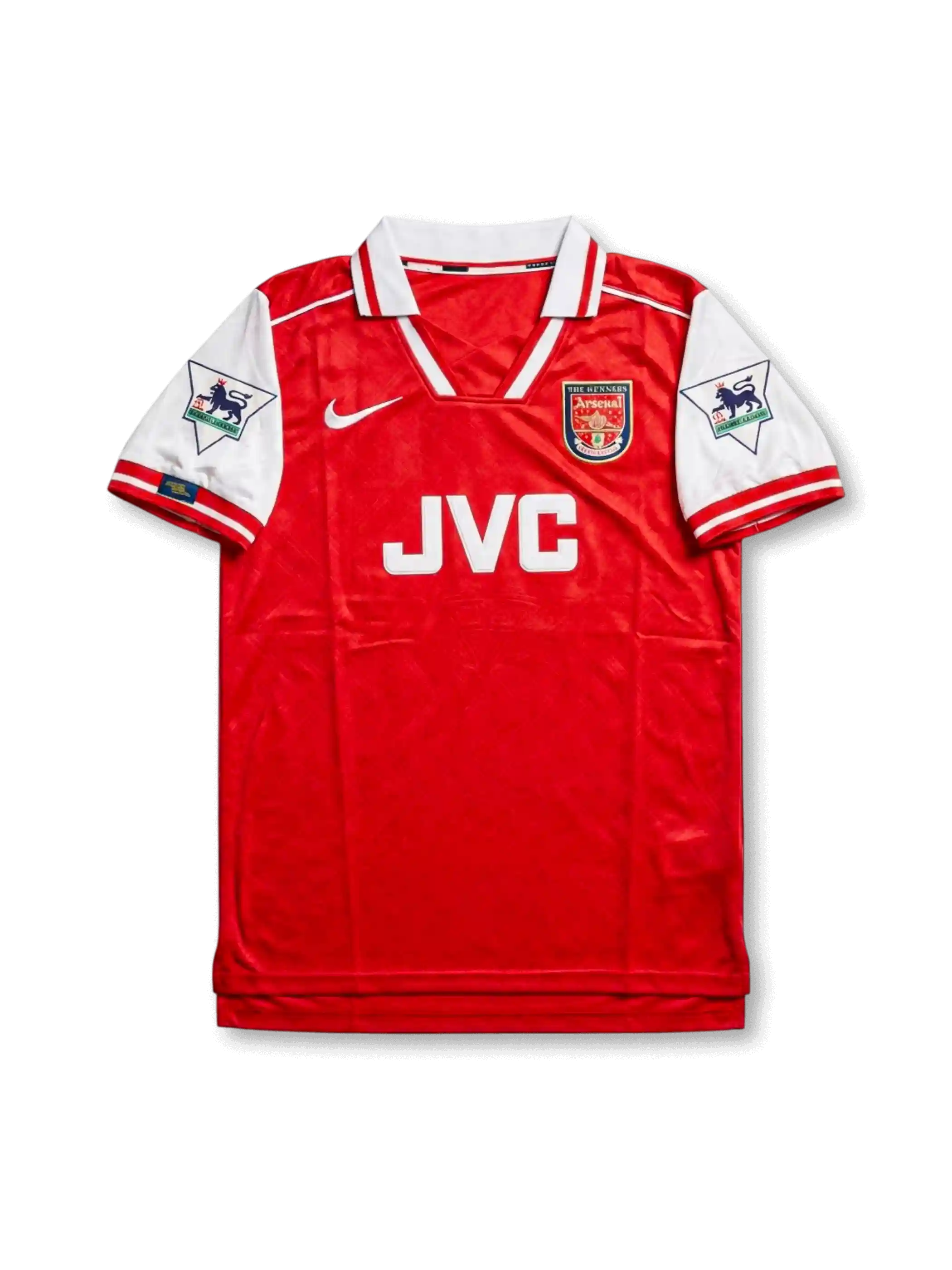 Front view of Arsenal 1995-96 home shirt with red body, white sleeves, JVC sponsor, club crest, and Premier League sleeve patches.