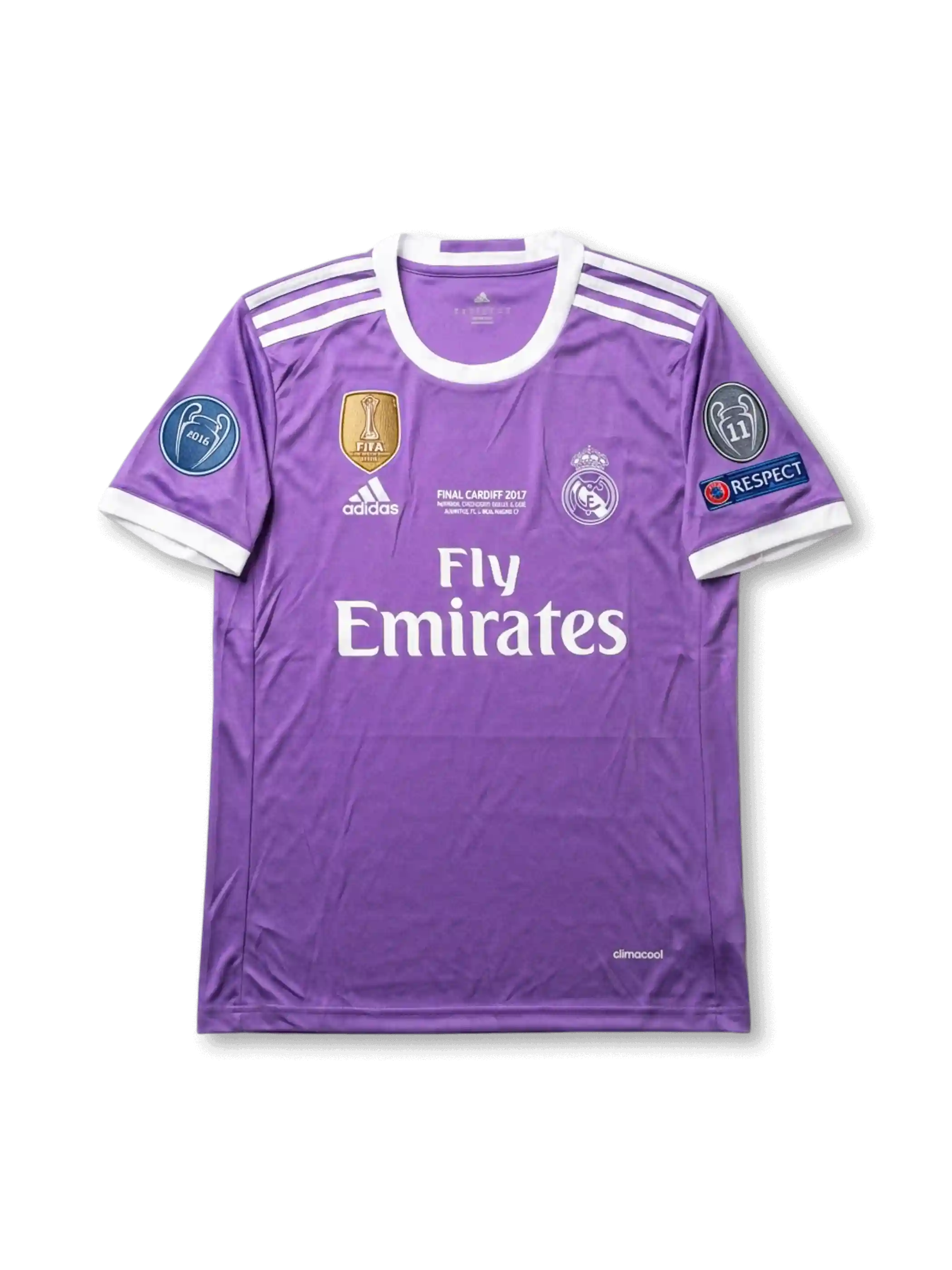 Front view of Real Madrid 2017 Final Cardiff purple shirt with club crest, Fly Emirates sponsor, final text, white shoulder stripes, and sleeve patches.