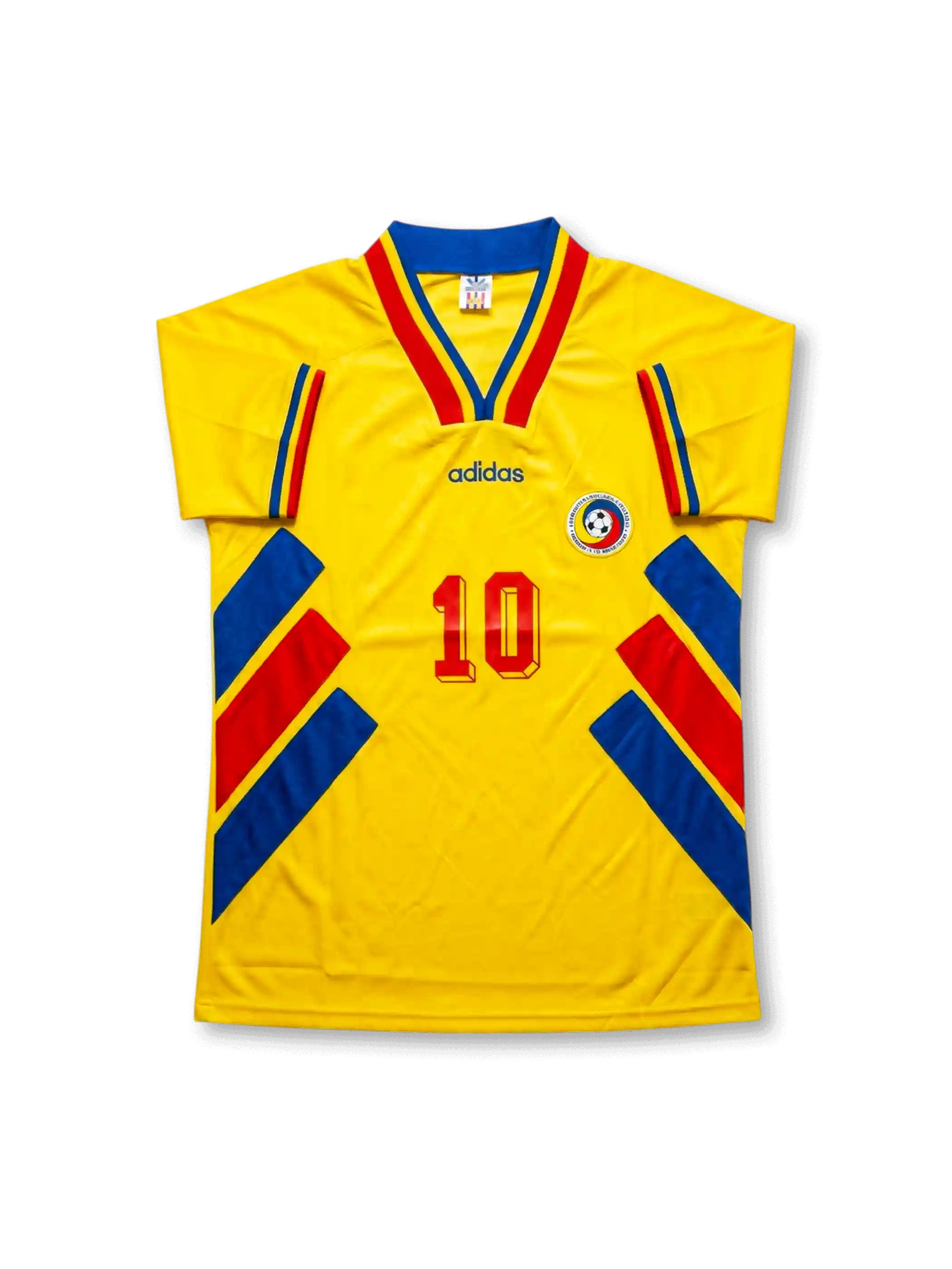 Front view of Romania 1994 home shirt with yellow base, red and blue trim, national crest, V-neck collar, and #10 front detail.