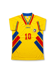 Front view of Romania 1994 home shirt with yellow base, red and blue trim, national crest, V-neck collar, and #10 front detail.