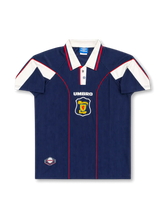 Front view of Scotland 1998 World Cup home shirt with navy body, white shoulder panels, red piping, fold-over collar, and Scotland crest.
