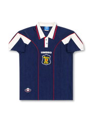 Front view of Scotland 1998 World Cup home shirt with navy body, white shoulder panels, red piping, fold-over collar, and Scotland crest.
