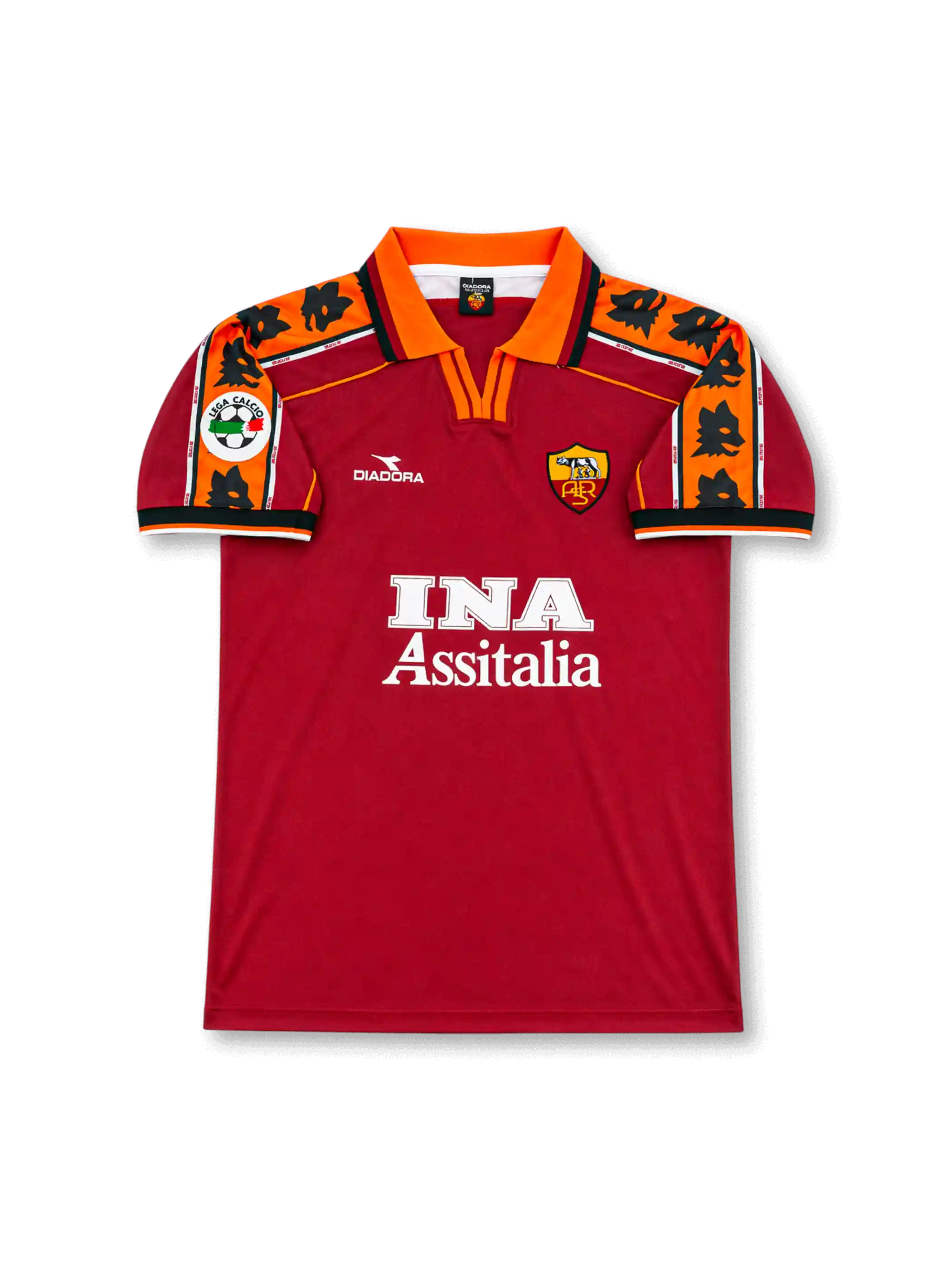 Front view of AS Roma 1998-99 home shirt with red body, orange collar, wolf-pattern shoulder panels, INA Assitalia sponsor, and club crest.