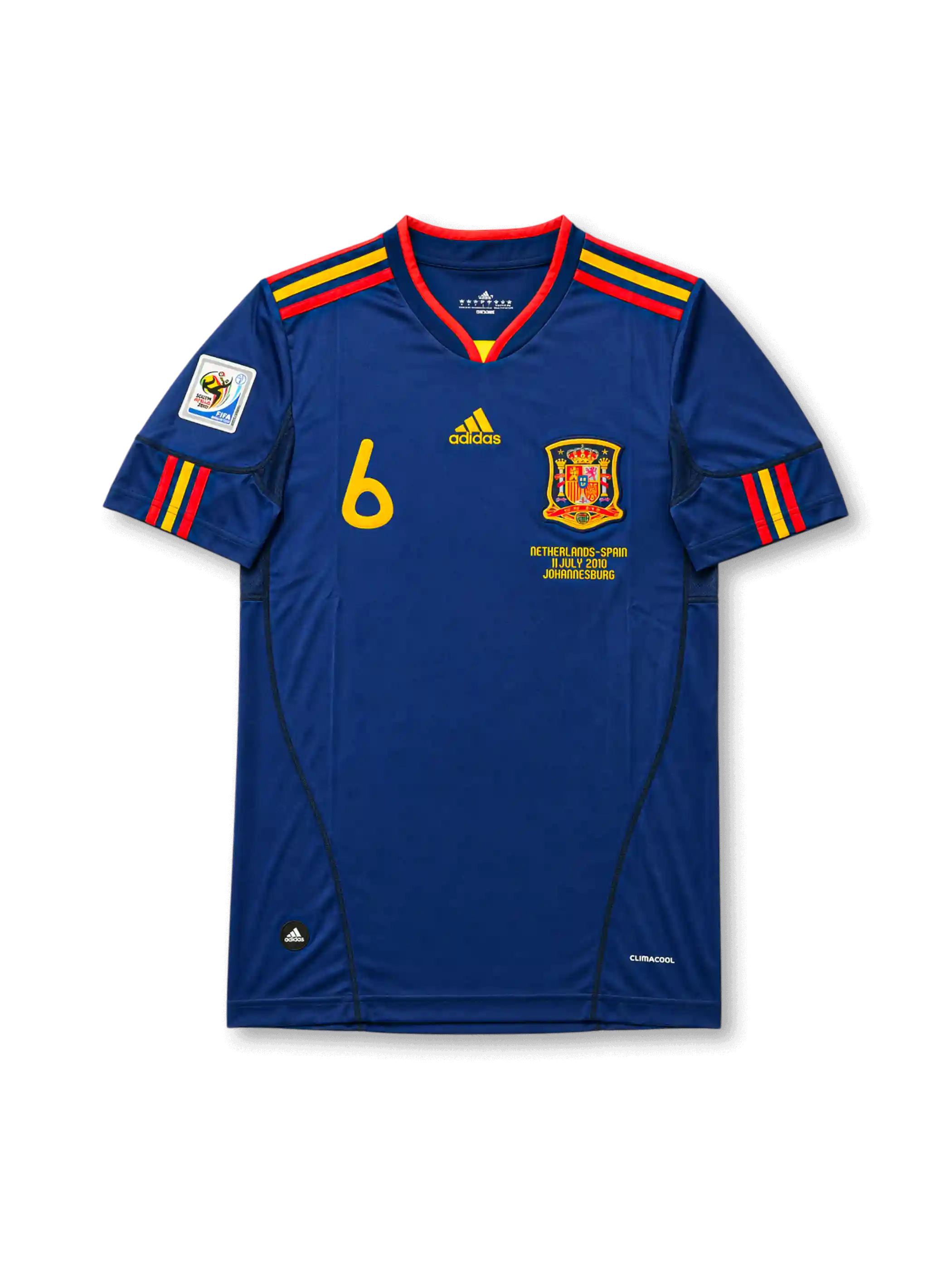 Front view of Spain 2010 World Cup Final away shirt with navy body, Spain crest, #6 chest number, South Africa 2010 sleeve patch, and Netherlands-Spain final embroidery.