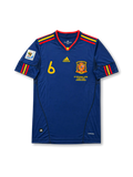 Front view of Spain 2010 World Cup Final away shirt with navy body, Spain crest, #6 chest number, South Africa 2010 sleeve patch, and Netherlands-Spain final embroidery.
