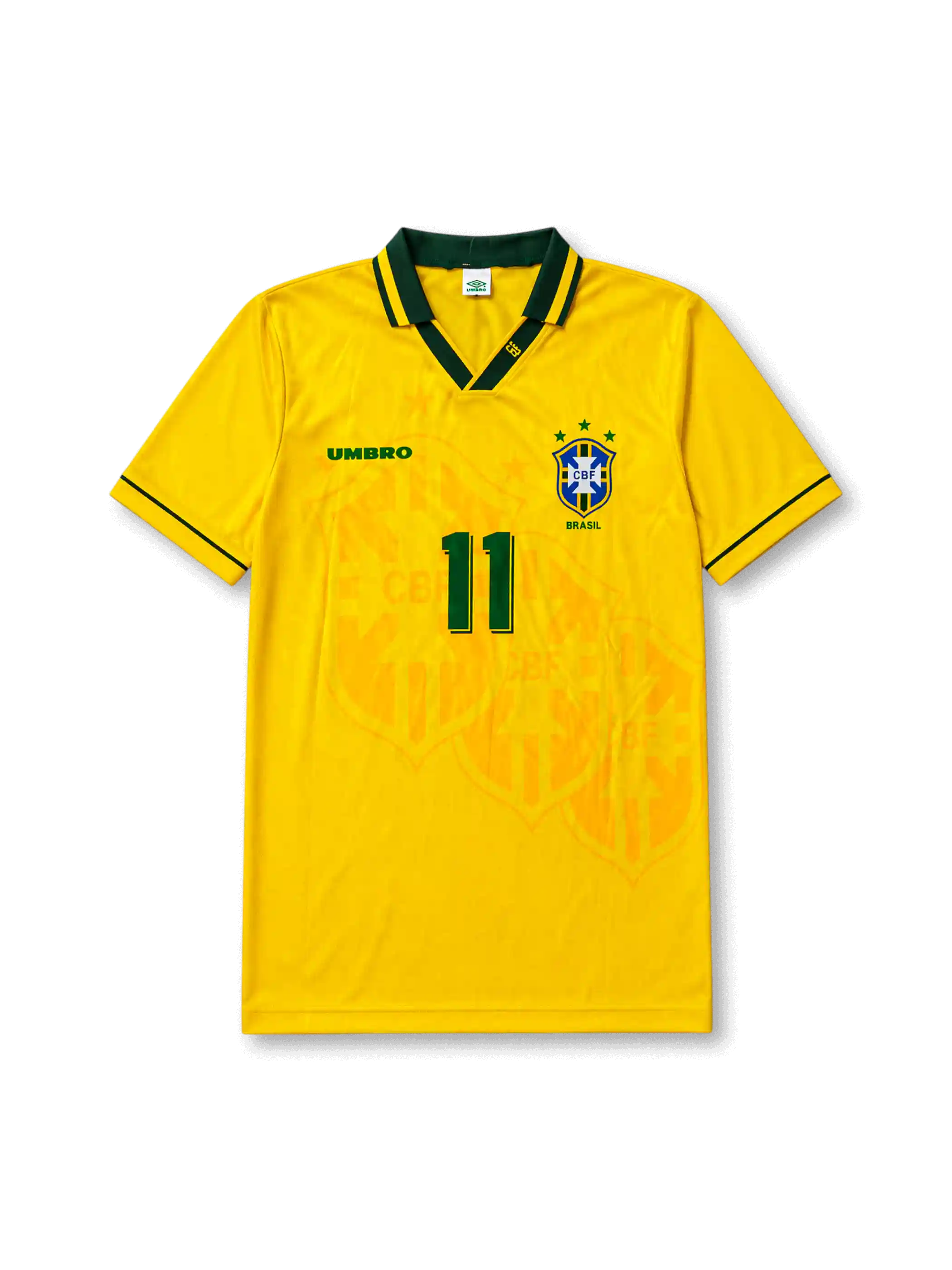 Front view of Brazil 1994 World Cup home shirt with yellow body, green collar trim, Brazil crest, #11 chest number, and tonal crest pattern.