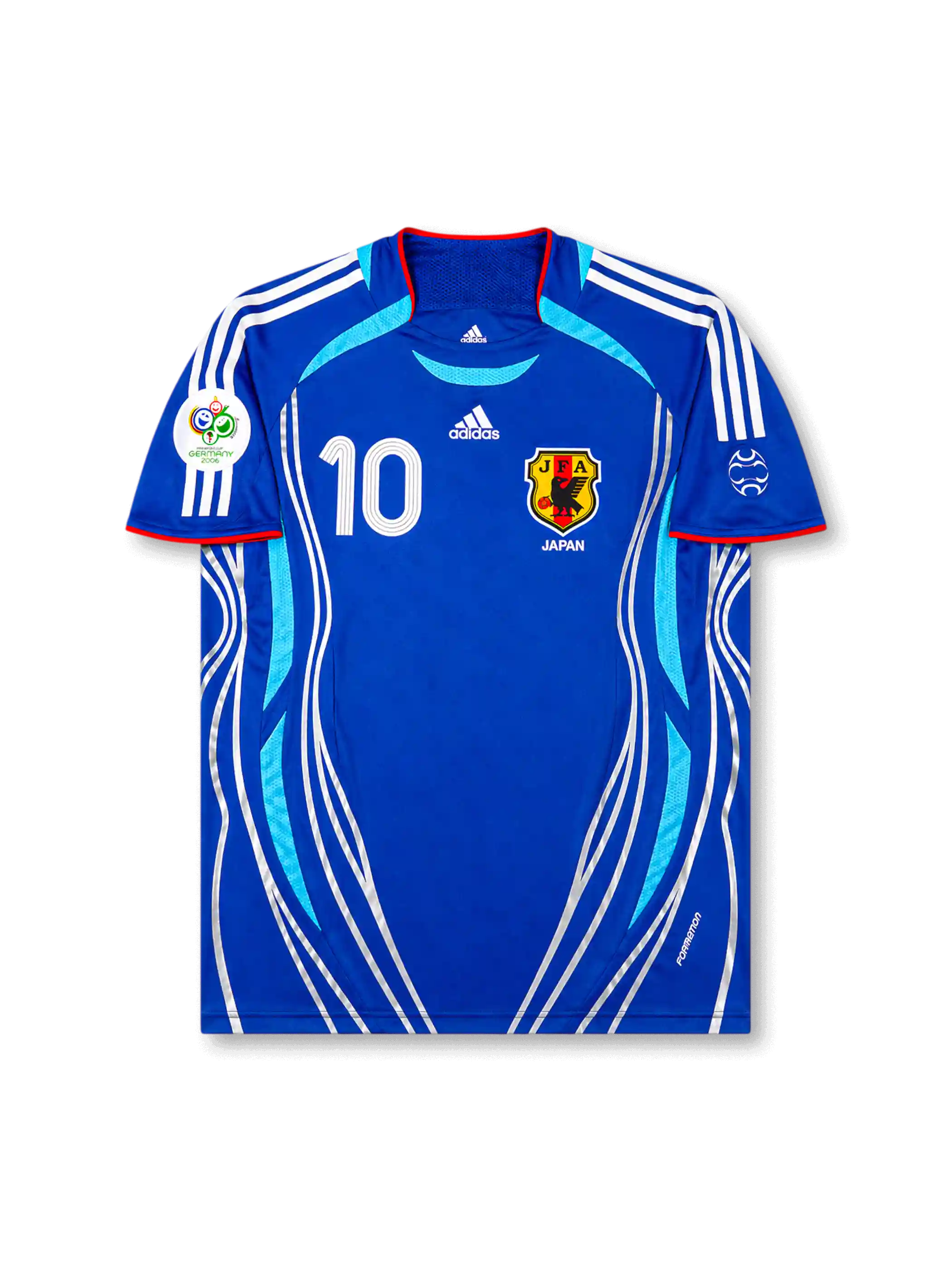 Front view of Japan 2006 World Cup home shirt with blue body, Japan crest, #10 chest number, Germany 2006 tournament patch, and white side graphics.