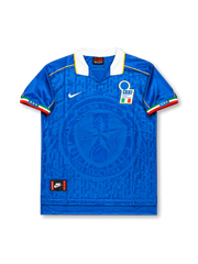 Front view of Italy 1995-96 home shirt with blue tonal geometric pattern, large subtle crest graphic, white collar, tricolor sleeve trim, and Italy crest.
