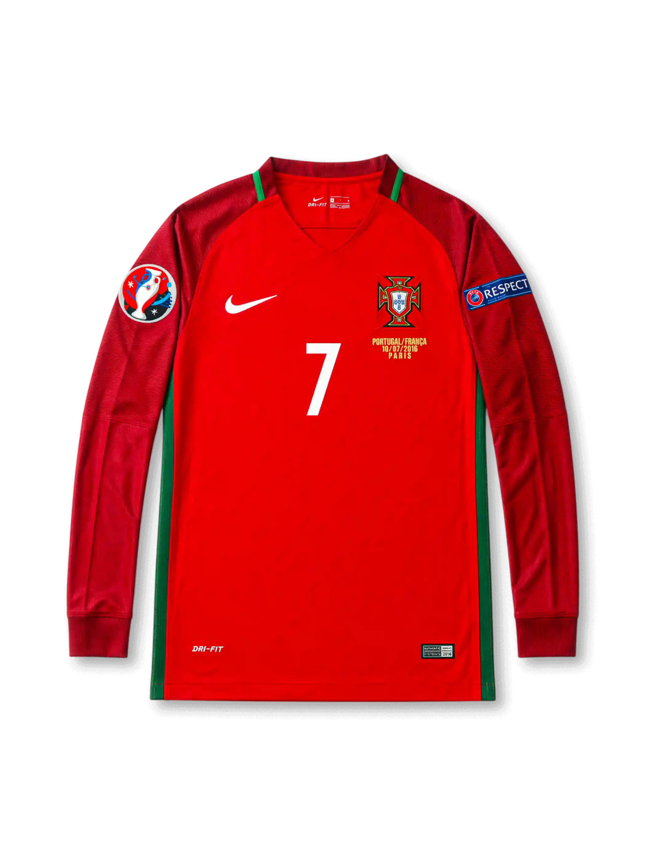 Front view of Portugal 2016 Euro Final home long sleeve shirt with red body, Portugal crest, #7 chest number, final match embroidery, UEFA Euro 2016 patch, and Respect sleeve patch.