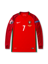 Front view of Portugal 2016 Euro Final home long sleeve shirt with red body, Portugal crest, #7 chest number, final match embroidery, UEFA Euro 2016 patch, and Respect sleeve patch.