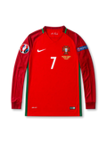 Front view of Portugal 2016 Euro Final home long sleeve shirt with red body, Portugal crest, #7 chest number, final match embroidery, UEFA Euro 2016 patch, and Respect sleeve patch.