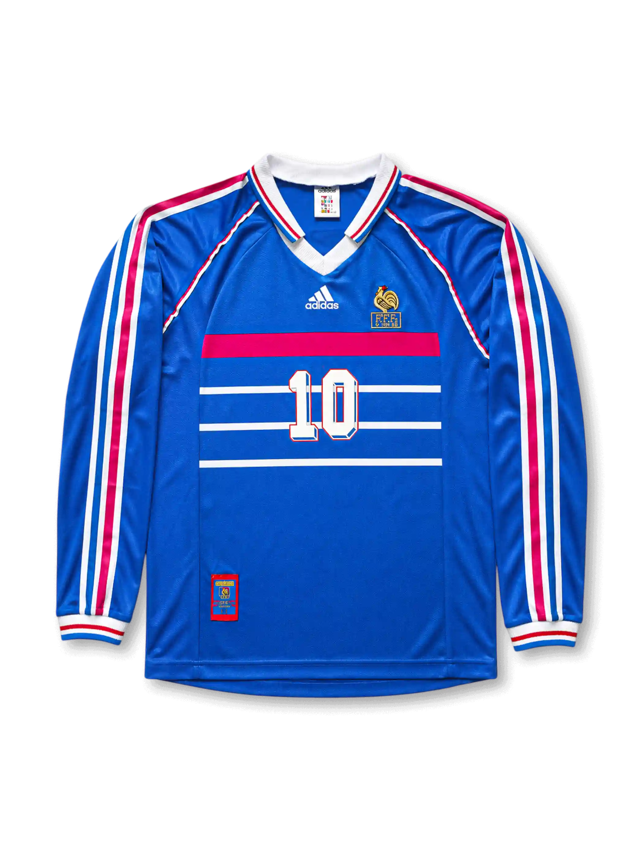 Front view of France 1998 World Cup home long sleeve shirt with blue body, France crest, #10 chest number, white and red chest stripes, and tricolor sleeve detailing.