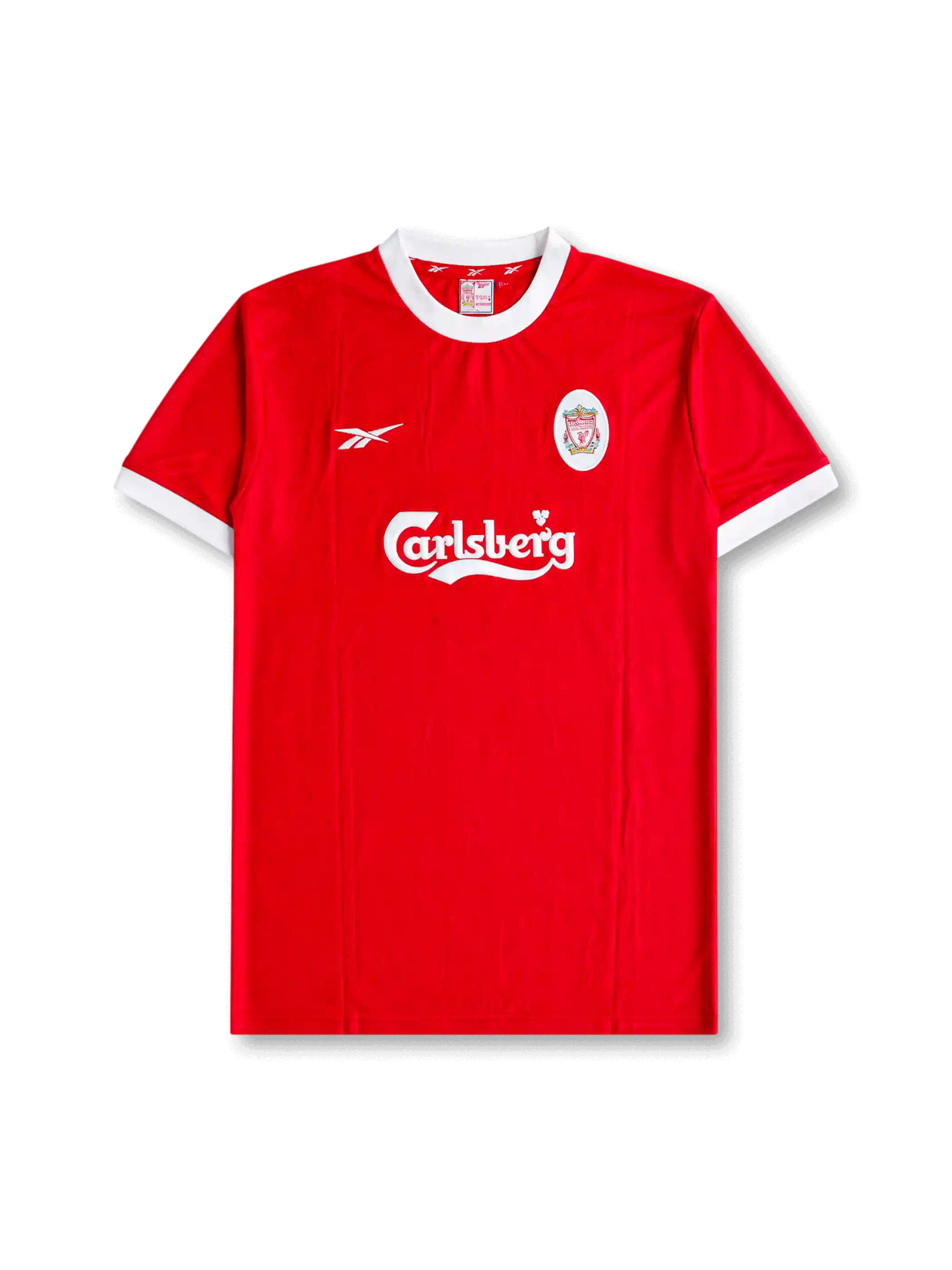 Front view of Liverpool 1998-2000 home shirt with red body, white crew-neck collar, white sleeve trim, Carlsberg sponsor, and Liverpool crest.