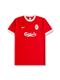Front view of Liverpool 1998-2000 home shirt with red body, white crew-neck collar, white sleeve trim, Carlsberg sponsor, and Liverpool crest.
