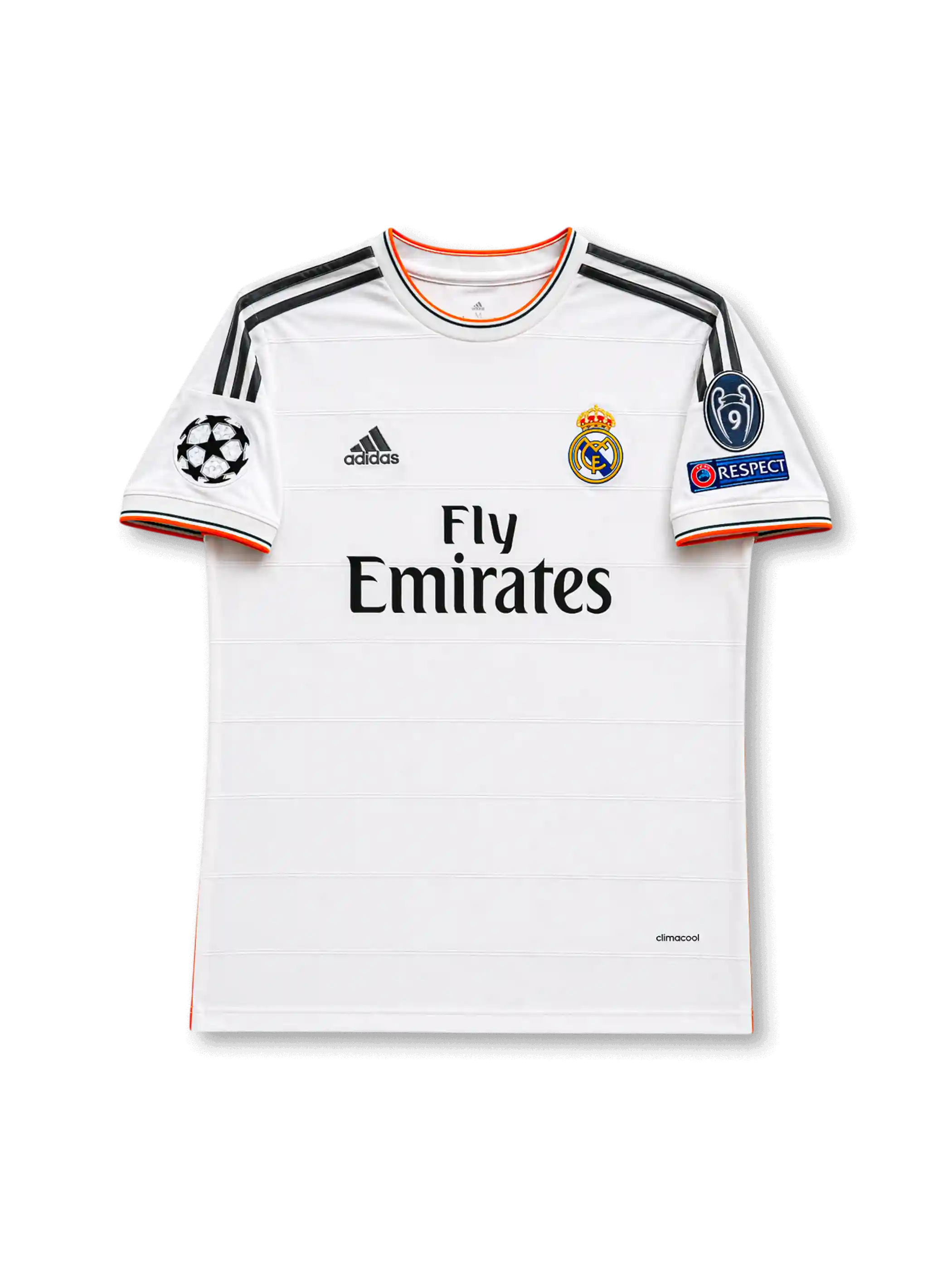 Front view of Real Madrid 2013-14 home shirt with white body, Fly Emirates sponsor, Real Madrid crest, grey shoulder stripes, orange trim, and UEFA Champions League sleeve patches.