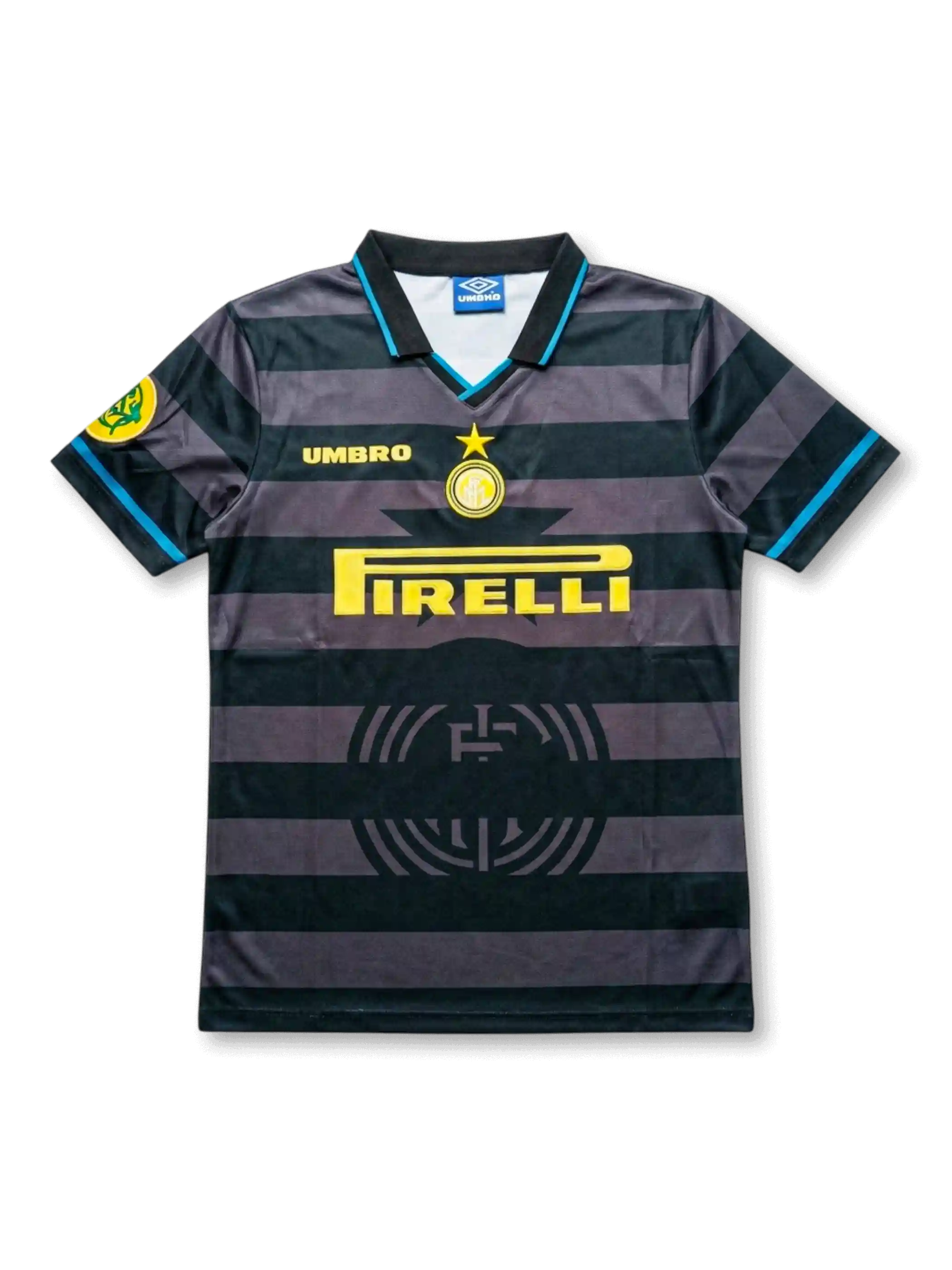 Front view of Inter Milan 1997-98 third shirt with black and charcoal hoops, yellow Pirelli sponsor, Inter crest, Umbro logo, aqua trim, and fold-over collar.