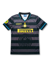Front view of Inter Milan 1997-98 third shirt with black and charcoal hoops, yellow Pirelli sponsor, Inter crest, Umbro logo, aqua trim, and fold-over collar.