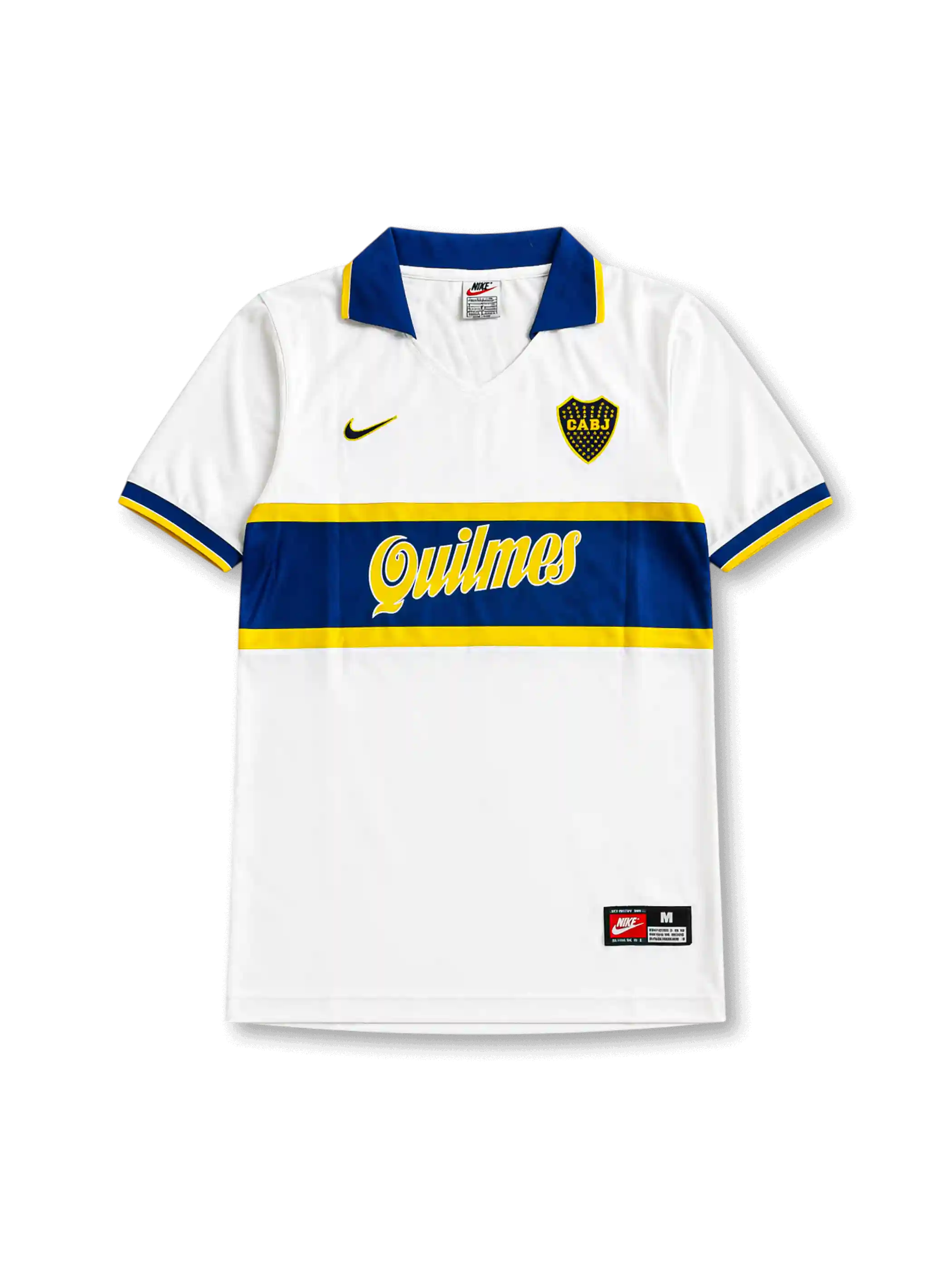 Front view of Boca Juniors 1996-97 away shirt with white body, blue and yellow chest band, Quilmes sponsor, Boca Juniors crest, and blue collar.