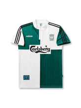 Front view of Liverpool 1995-96 away shirt with green-and-white quartered body, Carlsberg sponsor, Liverpool crest, buttoned collar, and black shoulder stripes.
